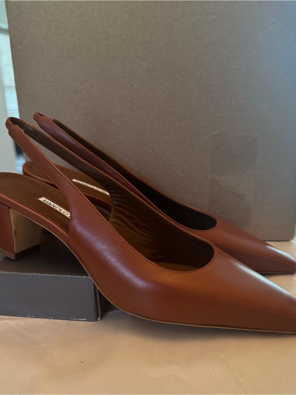 Manolo Blahnik Brown Leather Pointed Slingback Pumps